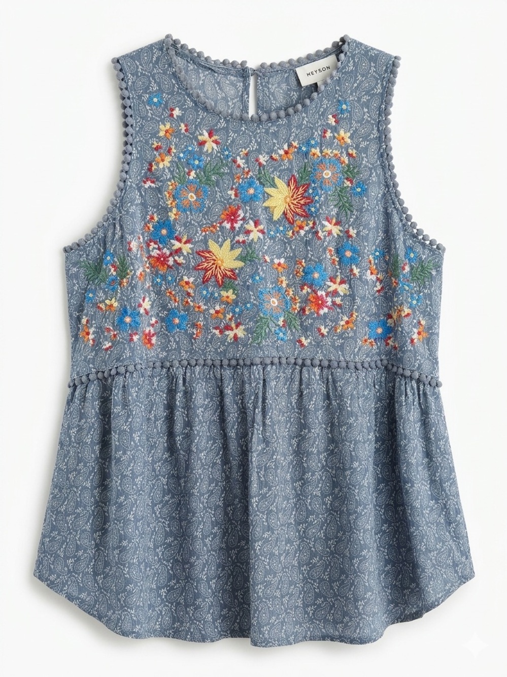 Heyson Denim-Blue Embroidered Sleeveless Peplum Top